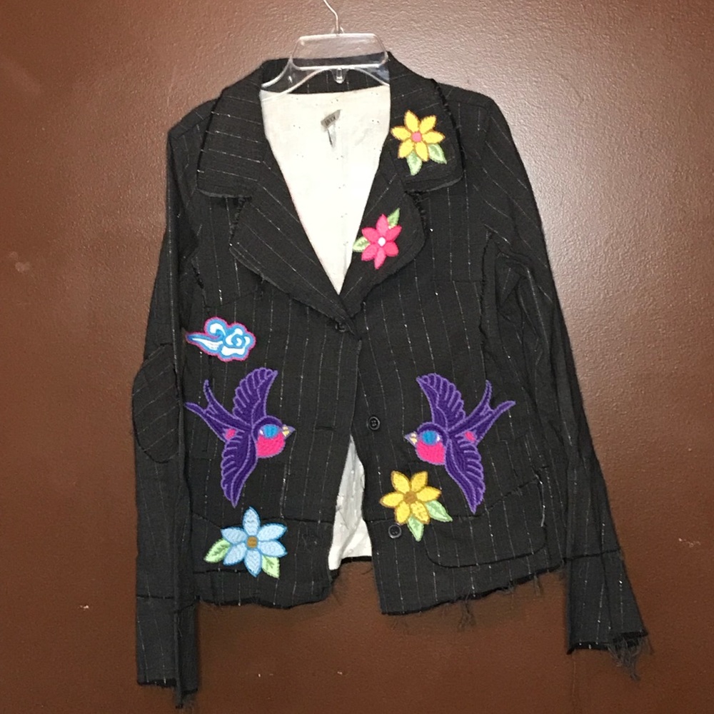 Metallic Pinstripe Jacket with Colorful Patches